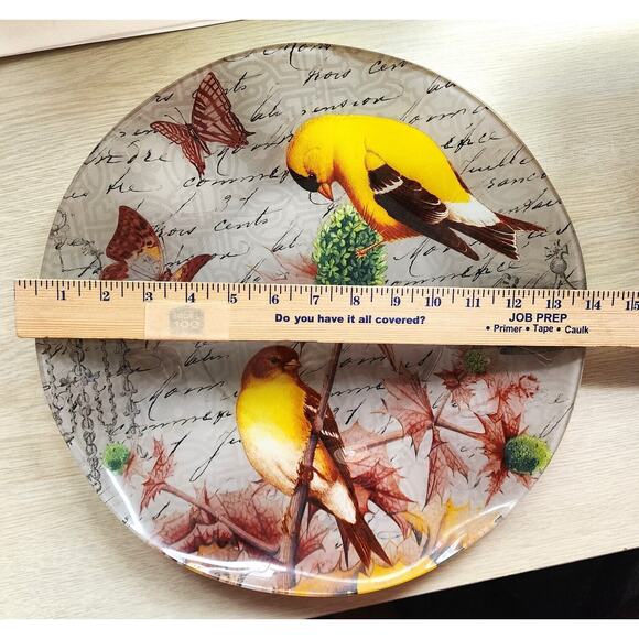 GLASS PLATTER-NOTIONS-"Goldfinch"-Ruffled Edges-Large 14" Diameter-Birds - Picture 13 of 13